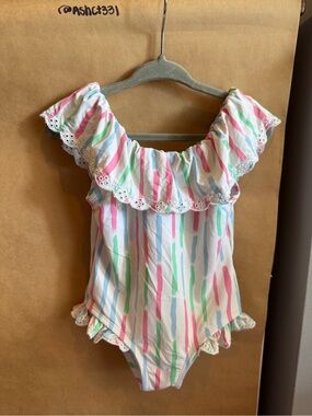Ruffled Stripe Little Girl’s One Piece Swim with Pastel Pink, Blue & Green